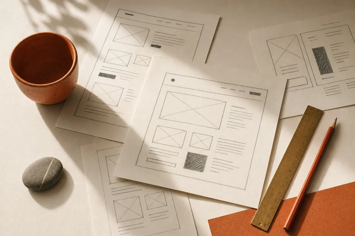 Wireframe-Skizzen auf Papier, von oben auf dem Arbeitstisch fotografiert