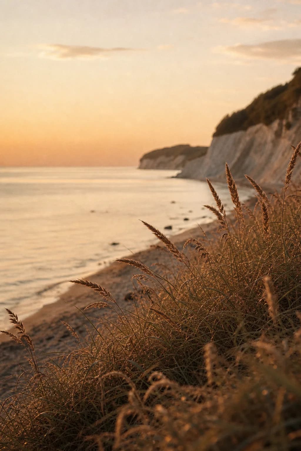 Ostseeküste in der goldenen Stunde: Dünengras im Vordergrund, Kreidefelsen am Horizont