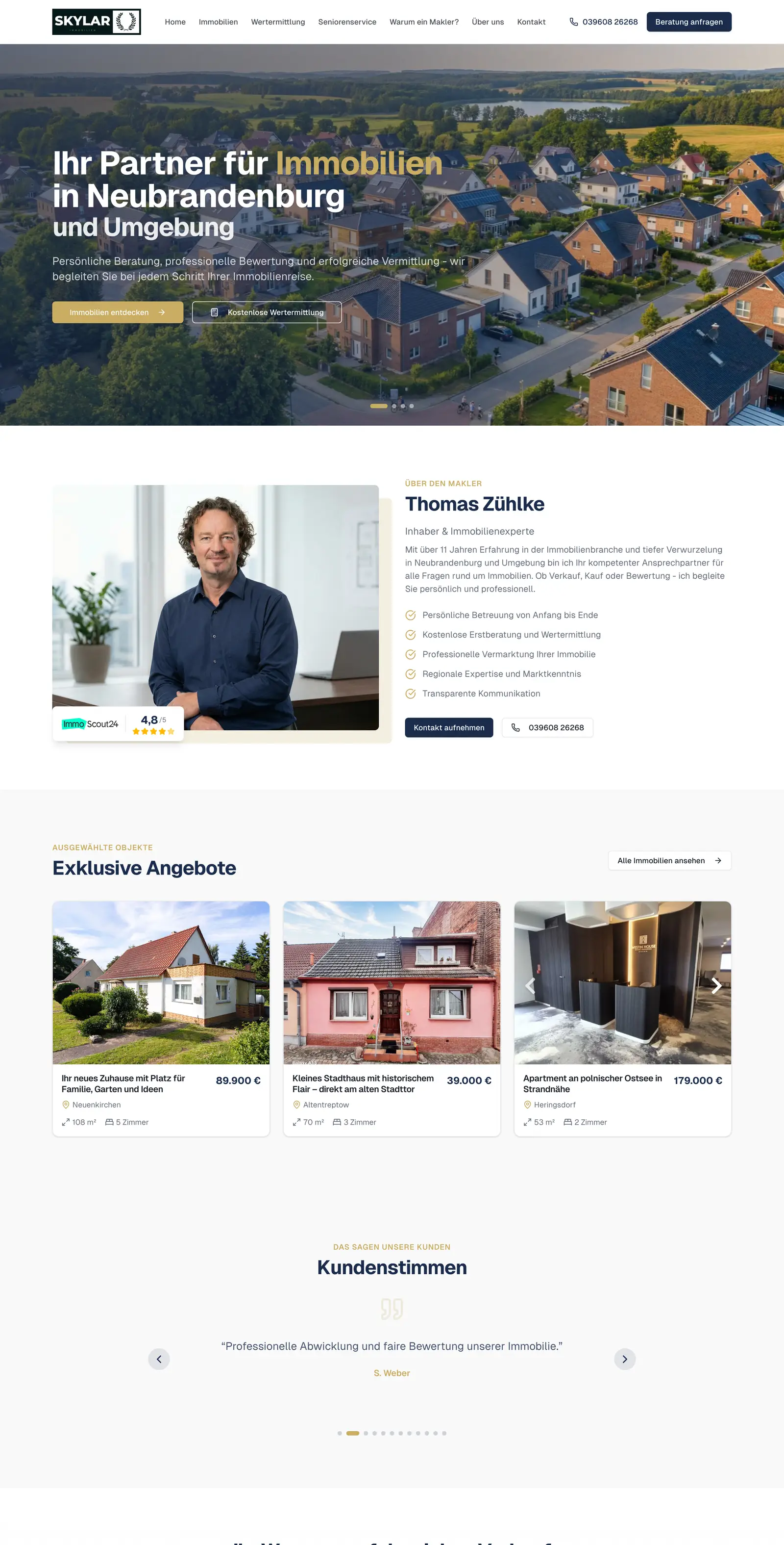 Website von Skylar Immobilien - ganze Startseite